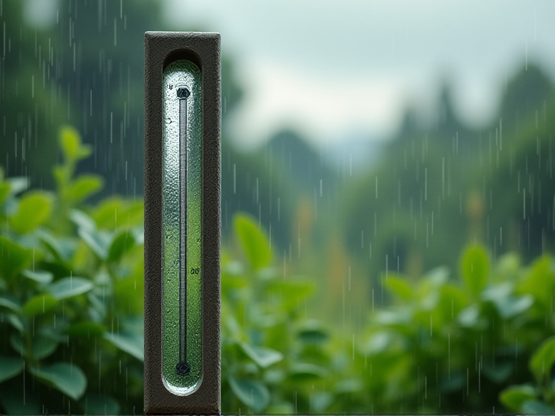 A close-up photo of a rain gauge in a lush garden, filled to 2 inches with water. Droplets blur in the foreground against a stormy sky. Earthy greens and grays dominate, conveying practical sustainability.
