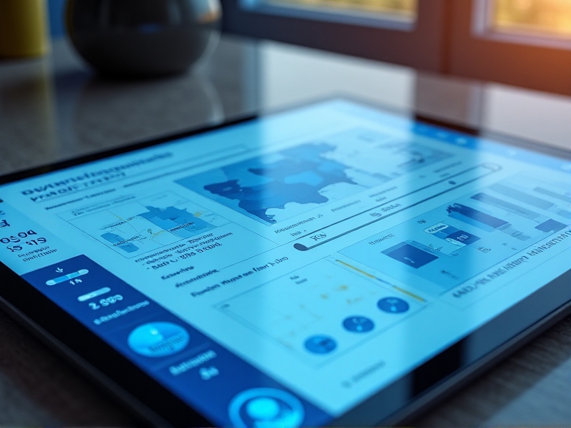 A sleek web-based calculator interface on a tablet: interactive sliders for roof size and water usage, a U.S. map with rainfall hotspots, and dynamic bar graphs updating in real-time. Cool blues and minimalist design evoke tech-driven sustainability.