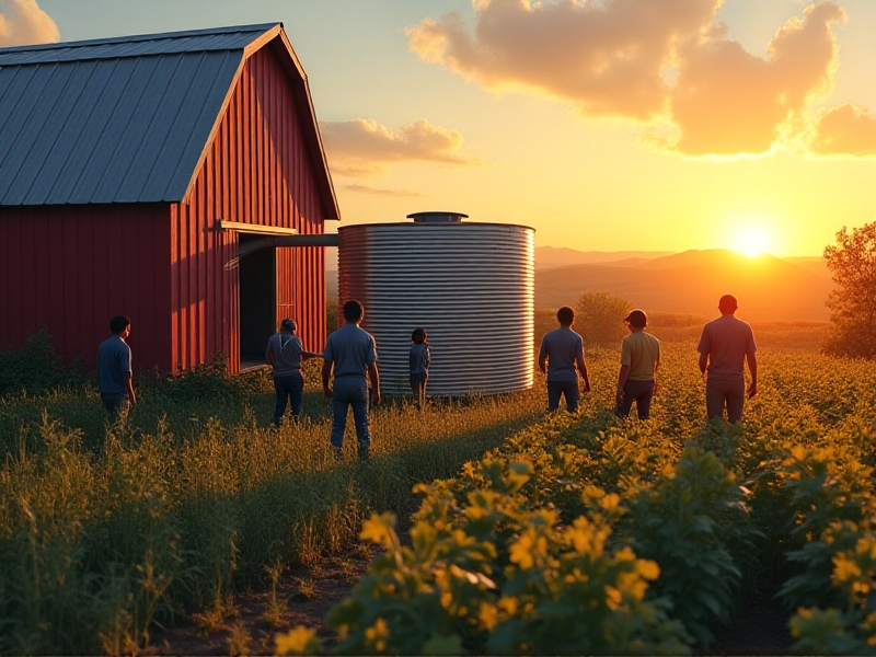 A rural landscape at sunset: workers install a large corrugated steel cistern beside a red barn. Rolling hills and a vegetable garden frame the scene. Warm golden-hour lighting highlights collaboration and rural resilience.