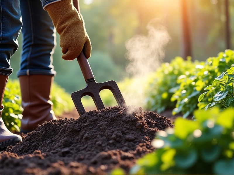 A pair of gloved hands carefully turning compost with a pitchfork, showcasing protective gear like gloves and boots. The compost pile is steaming slightly, indicating active thermophilic decomposition in a well-maintained backyard system.