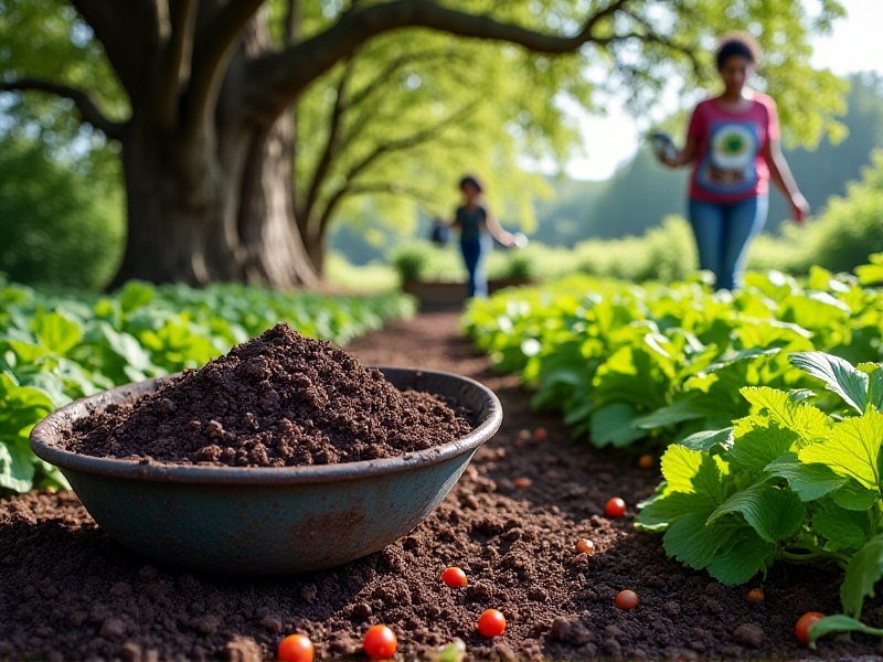 Rich, dark compost teeming with earthworms and organic matter, juxtaposed with a vibrant vegetable garden. The image highlights the connection between safe humanure compost and thriving agricultural produce under natural daylight.