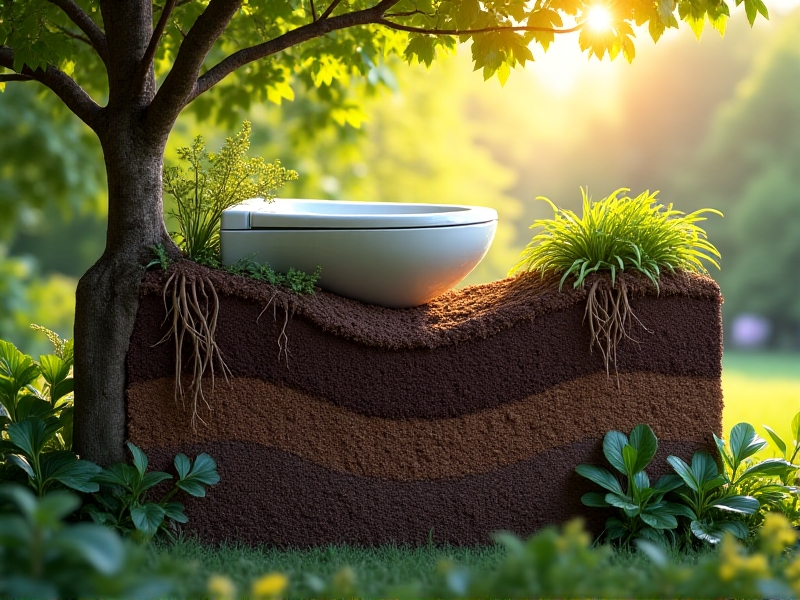 A cross-sectional view of a composting toilet system integrated into a garden, showing waste layers, soil, and plant roots. The scene is rendered in a warm, earthy palette with sunlight filtering through trees, symbolizing harmony between human waste management and nature.