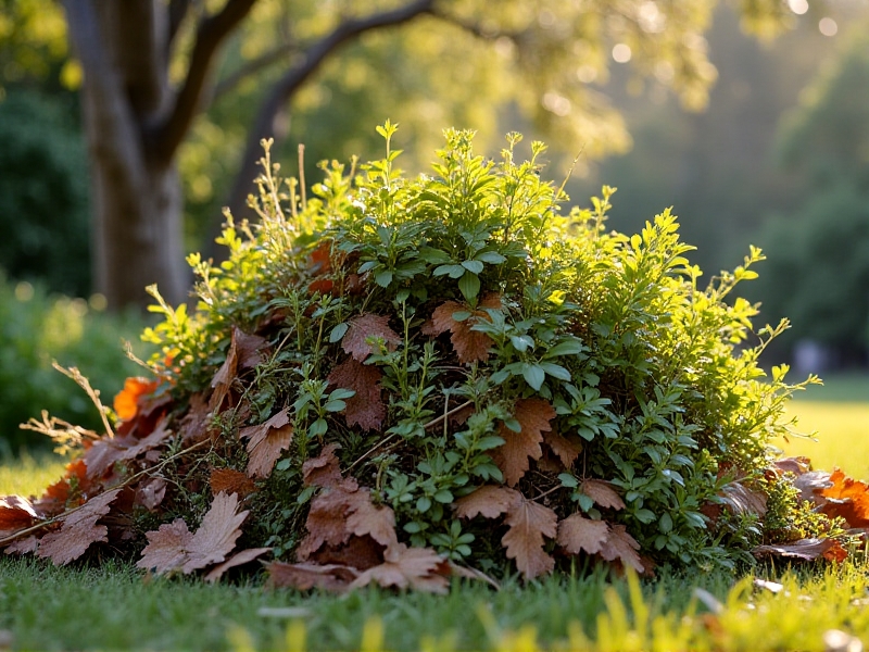 A vibrant pile of assorted yard waste, including dried brown leaves, fresh green grass clippings, and pruned tree branches. The image has a natural, earthy tone, with soft shadows suggesting midday sun, emphasizing the raw materials’ potential for recycling.