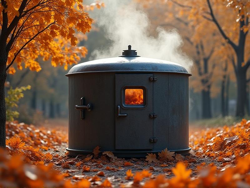 A metal kiln emitting wisps of smoke in a rustic backyard, surrounded by autumn leaves. The kiln’s dark gray surface contrasts with orange and yellow foliage, evoking a practical, hands-on approach to sustainable waste conversion.