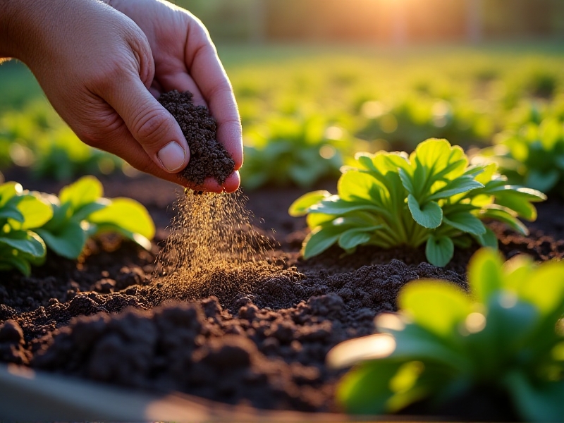 Gardener’s hands sprinkling biochar over rich, dark soil in a raised garden bed. Sunlight glints off the biochar particles, and young green seedlings sprout nearby, symbolizing growth and regeneration.