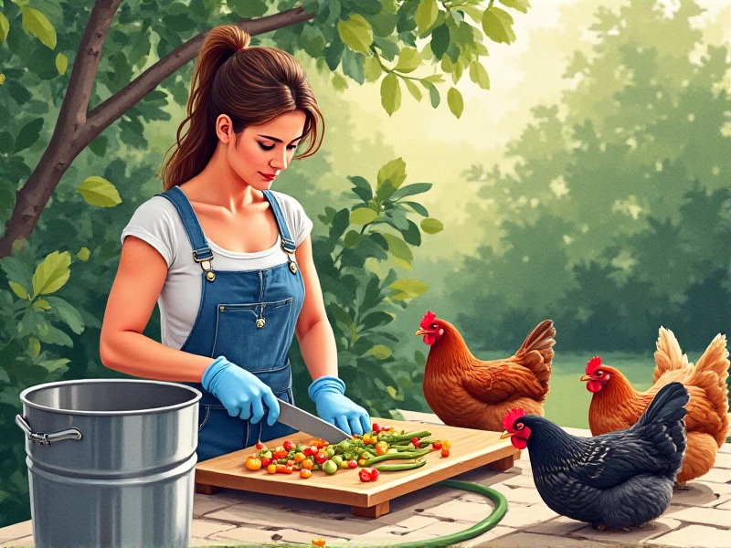 A gardener wearing blue rubber gloves chops mixed vegetable scraps on a wooden cutting board outdoors. A stainless steel compost bucket filled with broccoli stems and apple cores sits nearby. In the foreground, chickens peck at appropriately sized food pieces in a shallow metal trough, with a hose coiled neatly on weathered patio stones.