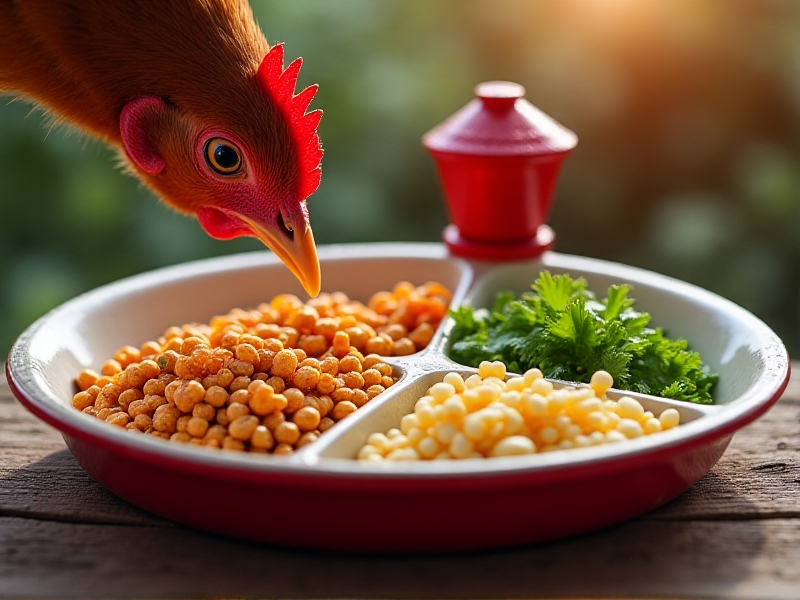 A balanced chicken diet displayed in a segmented ceramic dish: commercial pellets occupy one third, chopped vegetable scraps another, and calcium-rich crushed eggshells fill the remaining portion. Fresh water glistens in a red metal dispenser beside the dish, with a hen's beak entering the frame to peck at the mix.
