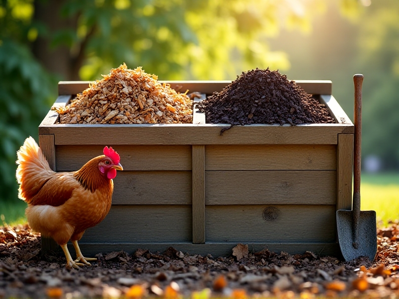 A dual-chamber compost bin placed strategically near a chicken run. One side contains fresh coffee grounds and untreated wood chips, while the other shows dark, crumbly finished compost. A hen scratches at fallen leaf litter nearby, with a shovel leaned against the bin's weathered wooden frame under dappled sunlight.