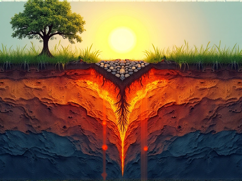 A cross-section diagram of soil layers with rock mulch, illustrating heat absorption and radiation. The image shows dark rocks on the surface, warm orange hues penetrating the soil, and roots thriving in the regulated underground environment. Arrows depict thermal energy movement from day to night.