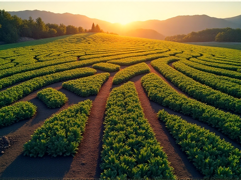 An aerial view of a farm with geometric rock mulch patterns, alternating dark and light stones to create thermal zones. Lush crops grow in regulated soil, with irrigation lines visible. The sunset casts long shadows, emphasizing the design’s functionality and artistry.