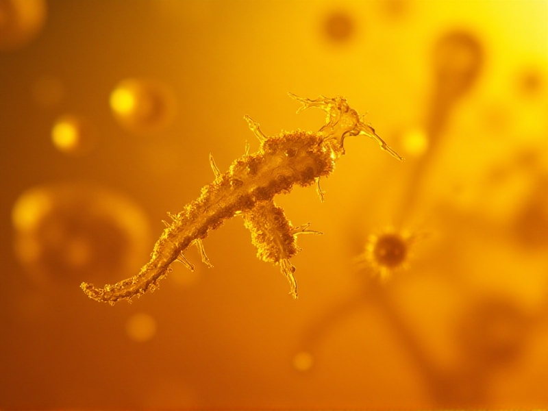 A close-up, macro-style illustration of lactic acid bacteria colonies magnified under a microscope. The translucent, rod-shaped organisms float in a golden-hued liquid, with soft light highlighting their delicate structures. A blurred laboratory background suggests scientific exploration of microbial processes.