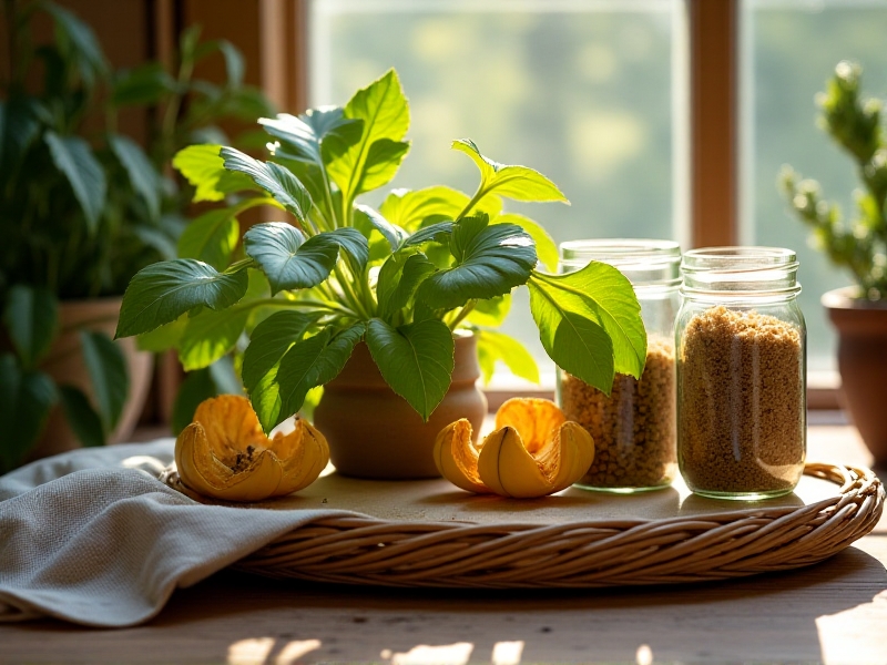 An array of organic gardening supplies arranged on a bamboo tray: fresh comfrey leaves, banana peels, a jar of brown sugar, glass mason jars, and linen cloth. Sunlight streams through a farmhouse window, casting soft shadows that emphasize natural textures and materials.