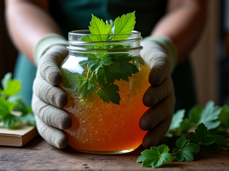 Hands wearing gardening gloves carefully layer chopped nettle leaves and brown sugar in a glass jar. The frame focuses on the glistening sugar crystals against vibrant green foliage, with a rustic kitchen counter and fermentation guidebook visible in the background.