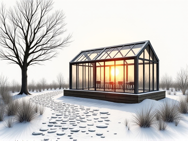 An architect's sketch of a cold frame showing geometric solar angles at different seasons. Winter sun rays hit the glazing at a low angle, while summer rays are deflected by an adjustable shade cloth. The structure is surrounded by leafless trees and snow patches.