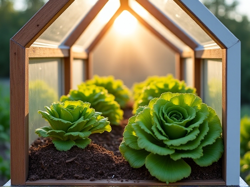 A split-image photo contrasting material options: on the left, a cedar frame with polycarbonate glazing and straw insulation; on the right, a PVC frame with glass panes and foam boards. Both cold frames house thriving lettuce varieties under soft morning light.