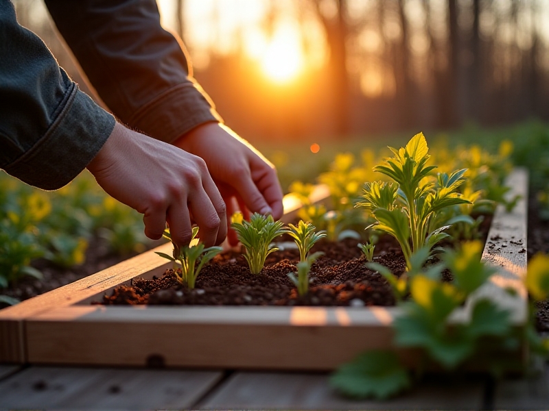Time-lapse series of hands assembling a cold frame: measuring cedar planks, cutting polycarbonate with a circular saw, installing foam insulation, and transplanting seedlings into finished beds. Evening sunlight casts long shadows across the workspace with tools visible.