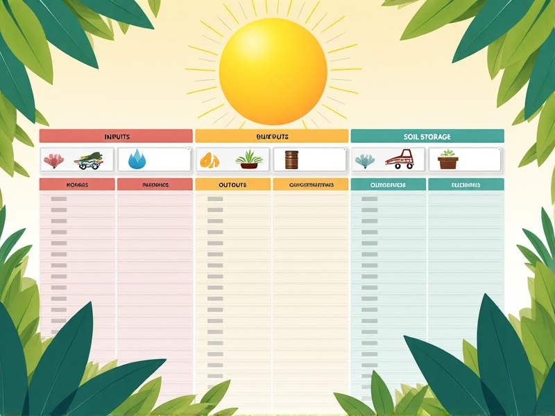 A colorful spreadsheet template with labeled sections for inputs, outputs, and soil storage. The layout uses intuitive icons for sunlight, water, and nutrients, rendered in a flat design style with pastel colors to enhance readability and engagement.