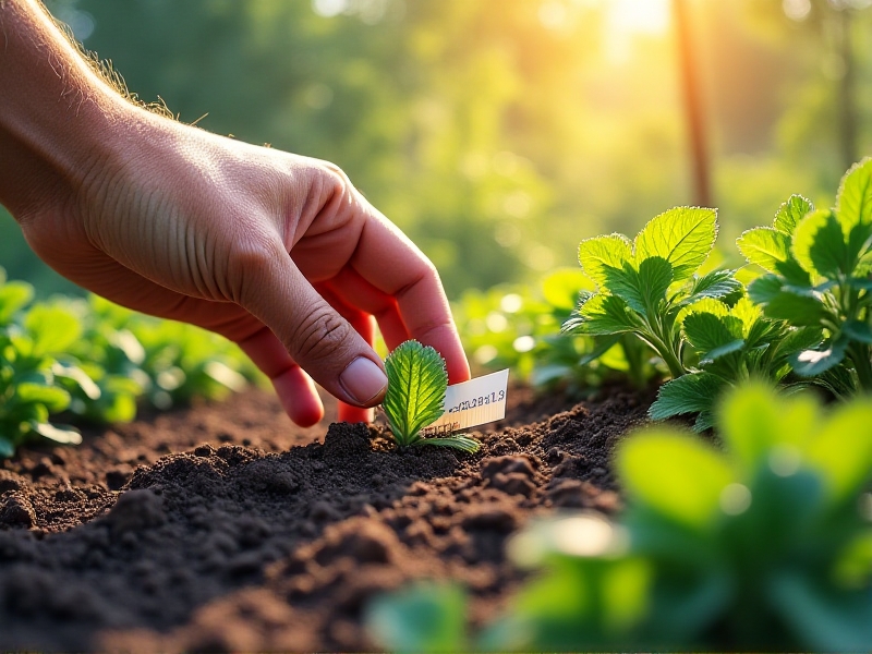 A detailed close-up of a hand holding a soil test kit over a garden bed, with a spreadsheet visible in the background. The image has a warm, rustic aesthetic, highlighting rich brown soil and vibrant green plants under soft daylight.