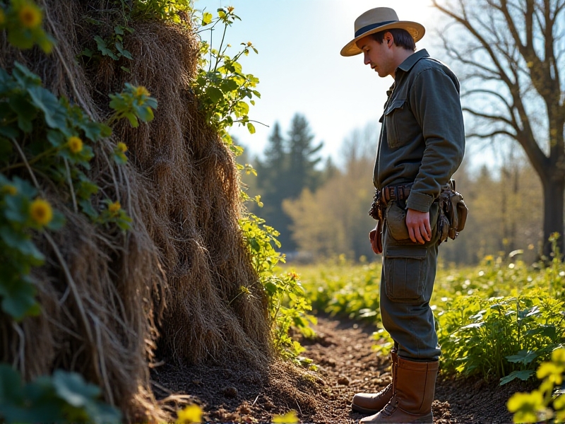 A researcher in a garden setting installs soil moisture sensors into a hugelkultur bed made of rotting logs and straw. The scene includes tools like a shovel, notebook, and rain gauge, with a clear blue sky overhead. Realistic photograph style with focus on texture and natural lighting.