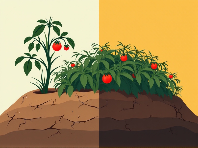 Split-screen illustration: left side shows a wilted tomato plant in a traditional raised bed with cracked soil; right side displays thriving tomatoes in a lush hugelkultur mound. Minimalist vector art with contrasting colors to emphasize water retention differences.
