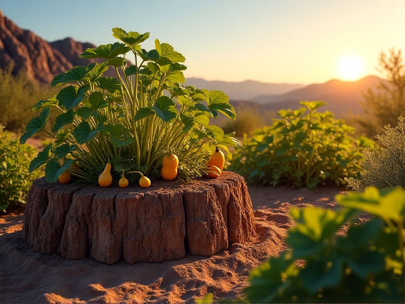 A thriving hugelkultur garden in a desert landscape, with ripe squash and bean plants growing atop a woody mound. The background shows arid terrain, highlighting the system's adaptability. Photorealistic style with warm golden-hour lighting and rich soil textures.