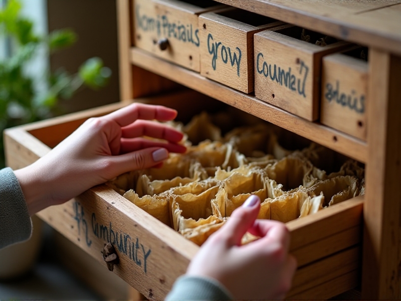 Close-up of hands organizing a DIY seed library: recycled wooden cabinet with small drawers labeled 'Tomatoes,' 'Basil,' 'Sunflowers.' Fingers carefully place hand-folded paper envelopes filled with seeds into compartments. Soft natural light, rustic textures, and a chalkboard sign reading 'Take Seeds, Grow Community.'