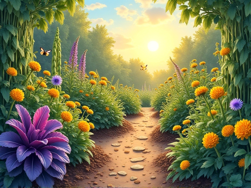 A thriving biodiverse garden: raised beds overflowing with multicolored vegetables, flowers, and herbs. Purple kale, golden marigolds, striped heirloom tomatoes, and climbing beans intertwine. Bees and butterflies hover over blossoms, soft morning light enhancing the vivid greens and earthy browns.