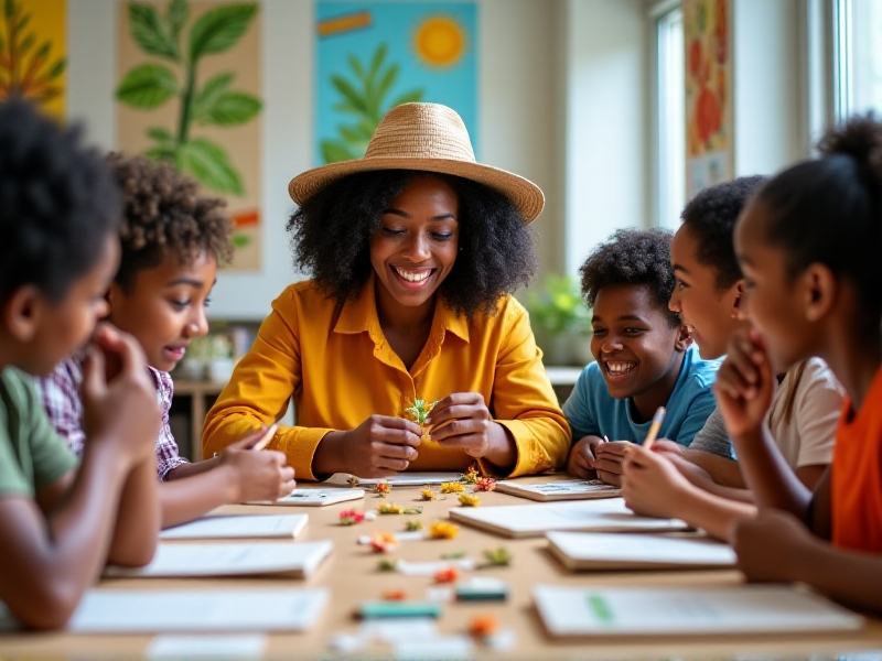 Interactive seed-saving workshop: mixed-age group seated at a circular table, examining dried seed pods and magnifying glasses. A Black woman in a sunhat demonstrates splitting open a pea pod, surrounded by notebooks, colored pencils, and laughter. Bright classroom with posters about plant life cycles on the walls.