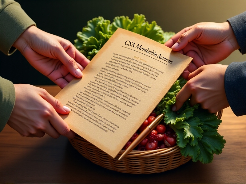 Two hands exchanging a contract titled 'CSA Membership Agreement' over a basket of rainbow chard. A pen rests on highlighted clauses about payment schedules and crop substitutions. Golden hour lighting casts long shadows, emphasizing trust and partnership.