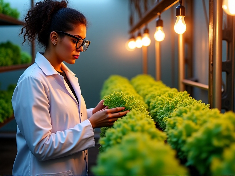 An inspector in a lab coat examines kale leaves in a backyard greenhouse, using a magnifying glass. Rows of leafy greens line metal shelves under soft grow lights. A 'Certified Organic' certificate hangs on the wall beside a chalkboard listing harvest dates.
