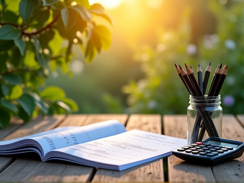 A calculator and tax forms spread across a picnic table in a blooming garden. A receipt book shows entries for 'CSA Shares Sold,' next to a jar of sharpened pencils. Dappled sunlight filters through apple trees, blending nature with financial planning.