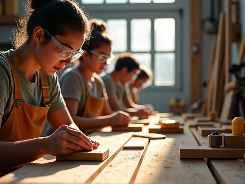 Close-up of participants sanding wooden boards in a carpentry workshop. Sunlight streams through garage-style windows onto workbenches cluttered with sawdust, clamps, and chisels. Focused individuals wear safety goggles and aprons, embodying tactile, experiential learning.
