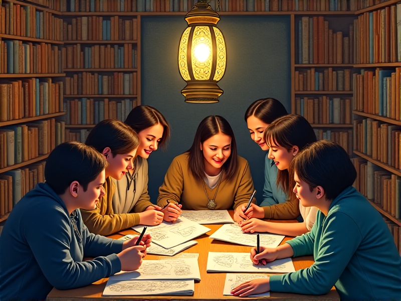Six people sitting in a cozy library nook, exchanging sketchbooks and laughing. Soft lamplight highlights vibrant illustrations spread across a rustic wooden table, surrounded by shelves of books. The scene radiates mutual support and cross-disciplinary inspiration.