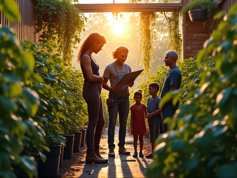 A multi-generational team assembles a solar-powered irrigation system in an urban greenhouse. Late afternoon sun filters through hanging plants as members connect tubing, adjust solar panels, and take notes on clipboards. The image captures problem-solving urgency and environmental stewardship.