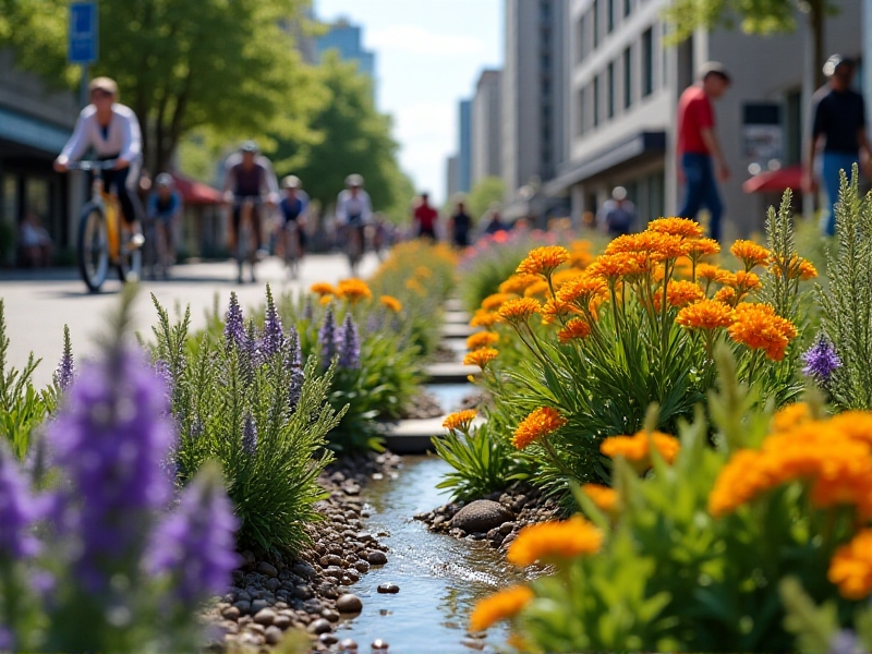 A close-up of a rain garden in a city square, with deep purple elderberries, orange calendula, and feathery asparagus ferns thriving in a sunken bed. A honeybee pollinates a blossom, while stormwater trickles through a gravel filtration system. The background shows cyclists and a solar-powered irrigation monitor.