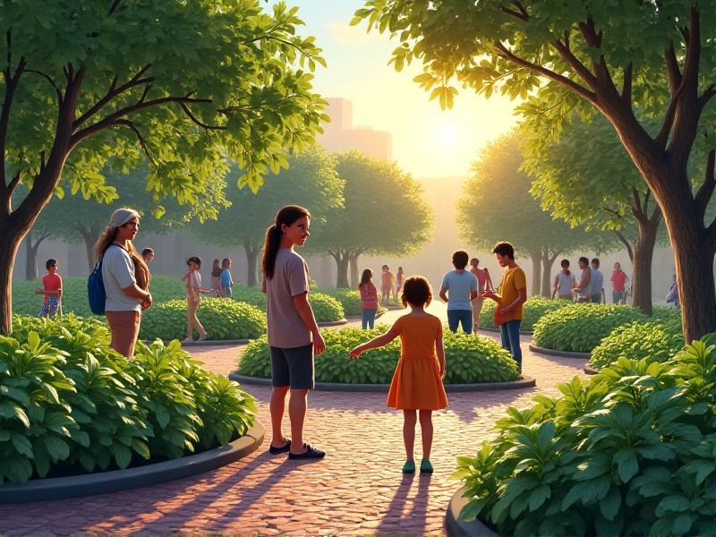 A diverse group of neighbors gathering around a circular herb garden in a pedestrian plaza. A teenager hands basil cuttings to an elderly woman, while a child waters rosemary plants. The late afternoon light casts long shadows across repurposed brick walkways adorned with mosaic art depicting vegetables.