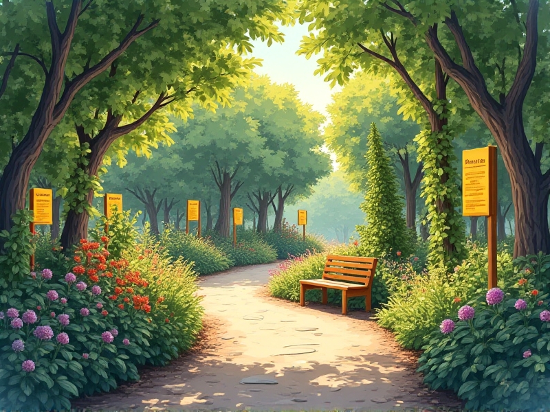 A curving wheelchair-accessible path through a food forest, with persimmon trees shading beds of thornless blackberries and red-veined sorrel. Bright yellow signage lists picking guidelines, while a trellised wall of kiwi vines shades a bench made from reclaimed shipping pallets.