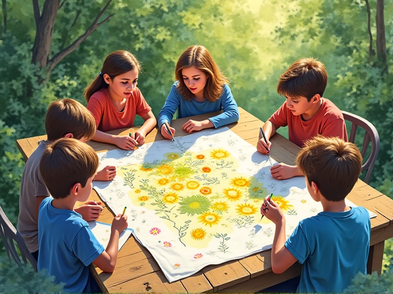 A group of middle school students and a teacher gathered around a large paper map spread on a wooden table outdoors, sketching garden layouts with colored pencils. The scene features detailed plant icons, sun paths drawn in yellow, and rainwater collection symbols, rendered in a watercolor style with soft greens and browns, conveying collaborative planning and creativity.