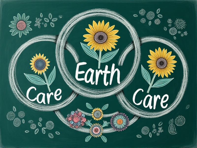 A chalkboard-style illustration showing three interconnected circles labeled Earth Care, People Care, and Fair Share, surrounded by hand-drawn icons of sunflowers, raindrops, and community hands sharing produce. The artwork uses chalk texture on green background with muted pastel accents, designed to resemble a classroom teaching aid.