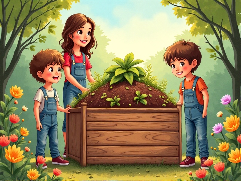 Elementary-aged children wearing garden gloves layer brown leaves and vegetable scraps into a wooden compost bin, with a teacher demonstrating proper aeration techniques. The image has a collage-like texture, with exaggerated earthworm details and labeled layers (‘Carbon’ and ‘Nitrogen’) in playful fonts, evoking a child’s science notebook drawing.