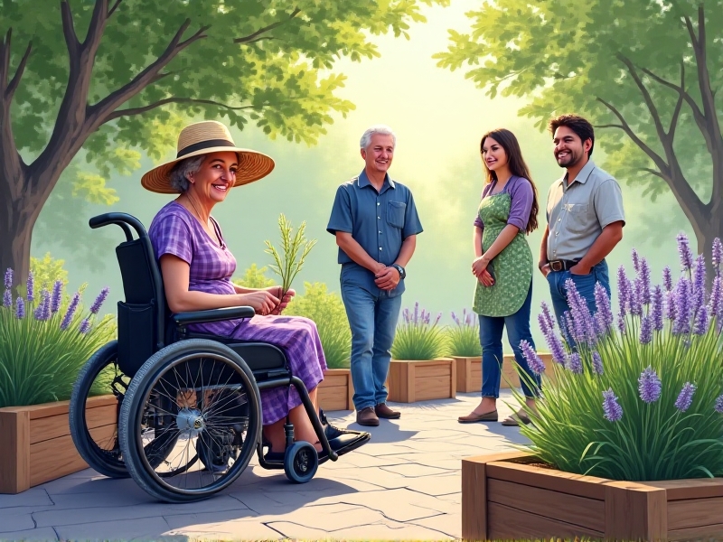 An elderly woman in a wheelchair wearing a wide-brimmed straw hat demonstrates pruning techniques on a fragrant lavender bush to three attentive adults. The accessible garden features elevated planter boxes made from reclaimed wood, smooth paved pathways, and ceramic labels with braille. Dappled morning light filters through nearby maple trees, creating a welcoming environment for gardeners of all mobility levels.