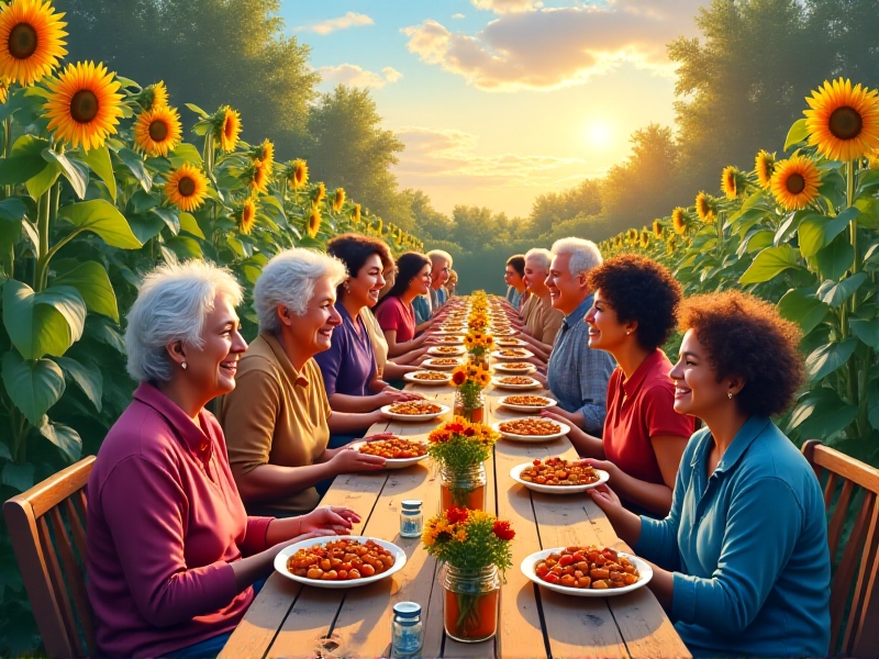 A vibrant community garden bursting with sunflowers, tomatoes, and climbing beans hosts a multiethnic group of seniors and families at a harvest potluck. Long wooden tables decorated with mason jar bouquets hold dishes made from garden produce. A banner reading 'Together We Grow' in English and Spanish hangs above laughing participants exchanging recipes under soft twilight string lights.