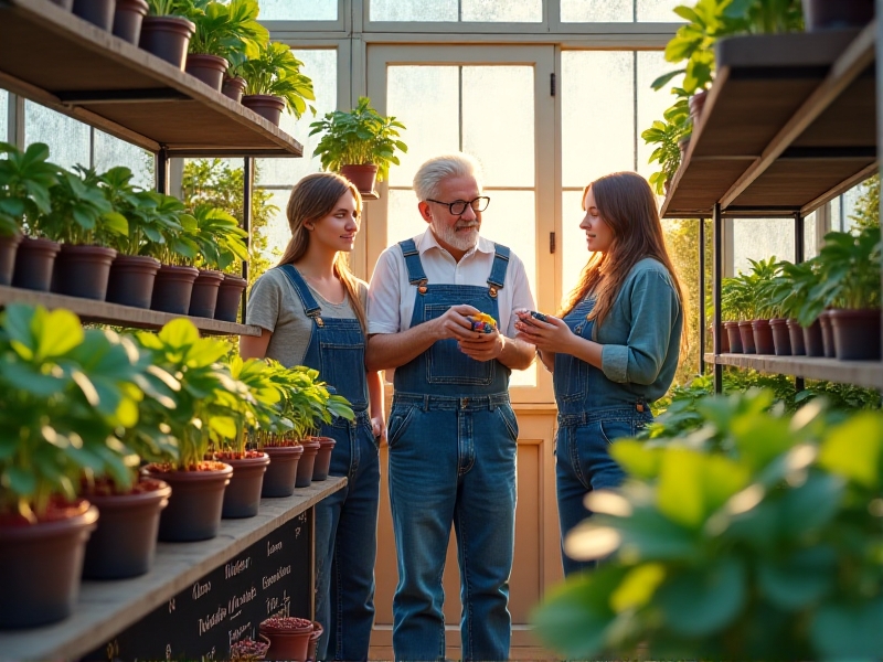 A glass greenhouse filled with hanging baskets of strawberries where a senior man in denim overalls points out healthy root development to a group of young adults holding notebooks. Morning light streams through condensation-covered windows, illuminating floating shelves of seedlings labeled in multiple languages. A blackboard displays a planting schedule with color-coded chalk.