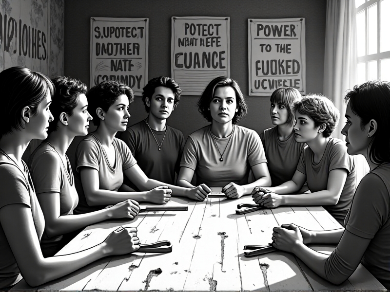 Black-and-white photo style illustration of 1970s activists in a grassroots meeting, passing hand tools across a wooden table, surrounded by protest posters advocating for sustainability and community empowerment.