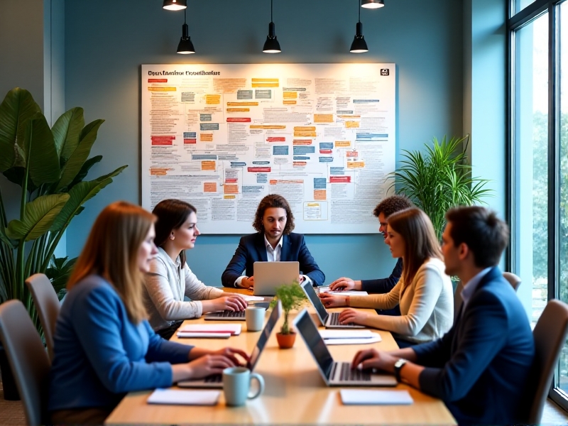 Diverse group of cooperative members in a meeting room discussing logistics, with a large flowchart on the wall detailing tool lending processes, surrounded by laptops, notebooks, and coffee mugs in a collaborative setting.