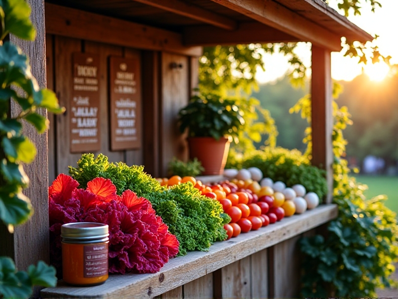A vibrant farm stand at a backyard farm’s entrance, displaying rainbow chard, free-range eggs, and jarred honey alongside a chalkboard listing local partner businesses, captured in warm golden hour lighting that emphasizes community connections.