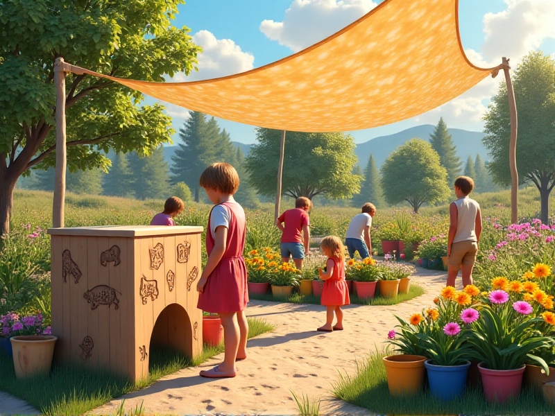 A child-friendly area on a working farm featuring a low wooden milking simulator next to safety-certified gardening tools, surrounded by edible flowers and shaded by a canopy of upcycled sails, combining education and safety in a visually engaging design.