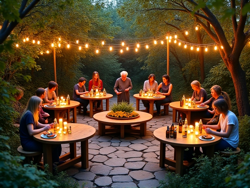 A circular outdoor classroom with participants crafting herbal salves using farm-grown calendula, wooden worktables arranged around a central demonstration station under strings of solar-powered fairy lights, capturing an evening of hands-on learning.