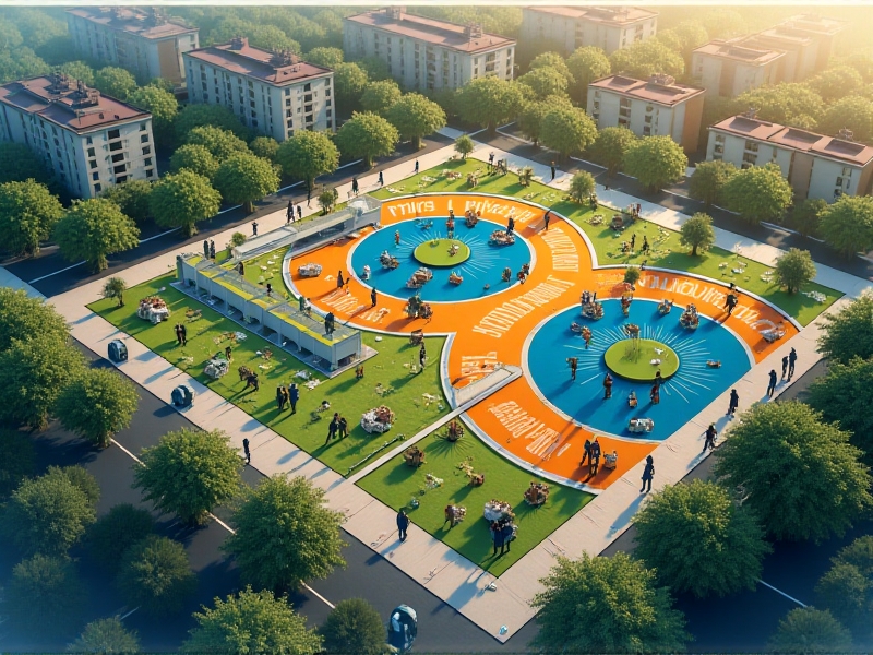 A detailed site map of a proposed compost hub, overlaid on a satellite image of a suburban neighborhood. Color-coded zones mark waste drop-off areas, aerated bins, and educational signage. Arrows illustrate pedestrian pathways connecting nearby apartment buildings to the hub, emphasizing accessibility and integration into daily routines.