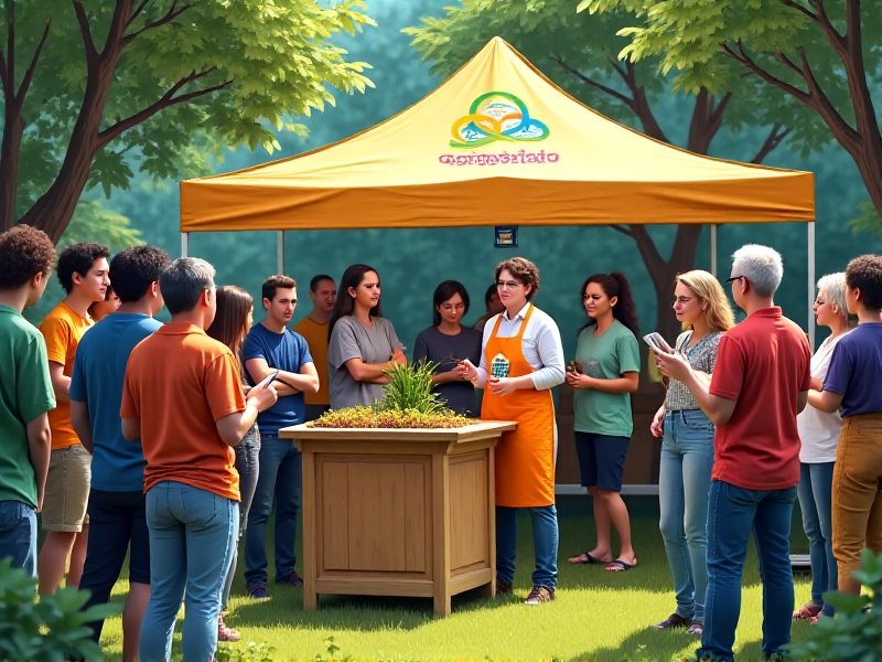 A diverse group of residents attending an outdoor compost workshop, gathered around a demonstration bin. A facilitator in a branded apron shows how to layer food scraps with cardboard. Participants, ranging from children to seniors, take notes and ask questions under a pop-up tent adorned with recycling symbols.